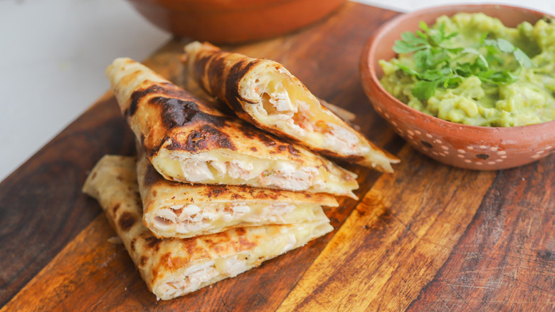 Stack of shredded chicken quesadilla