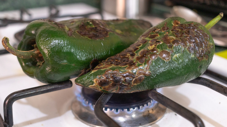 Two dark green poblano peppers, beautifully blistered on top, roasting over an open flame on the stovetop.