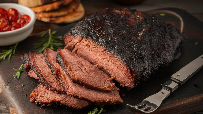 Sliced brisket on cutting board