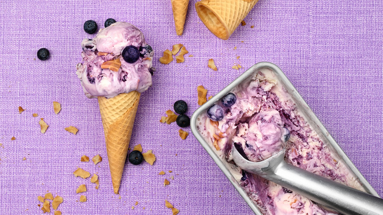 blueberry ice cream in a steel container