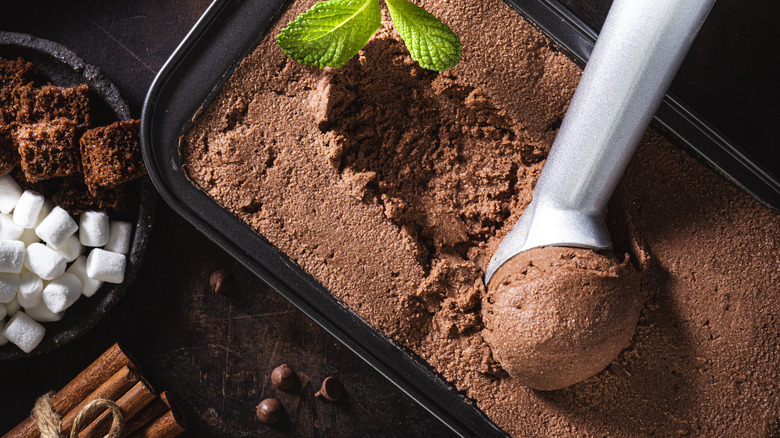 chocolate ice cream in a container