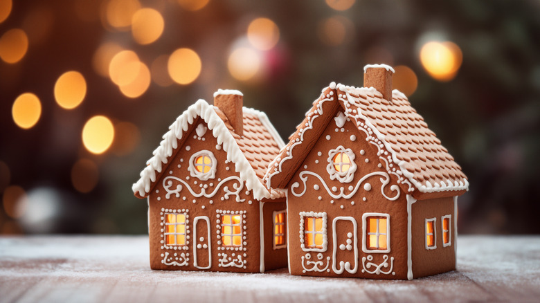 Two cute, decorative gingerbread houses with lights inside to make the windows glow