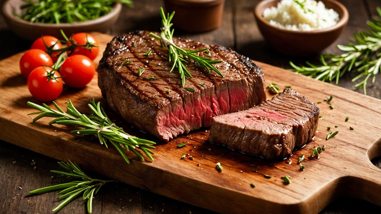 medium-rare steak on cutting board