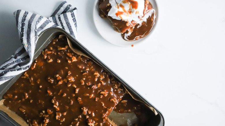 Tray of sticky toffee walnut pudding