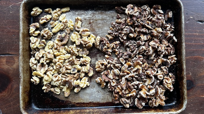 Tray of brown toasted walnuts