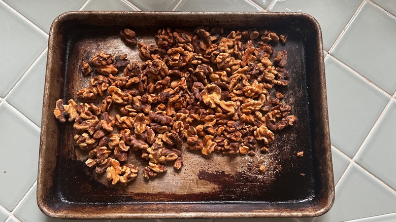 Tray with brown toasted walnuts