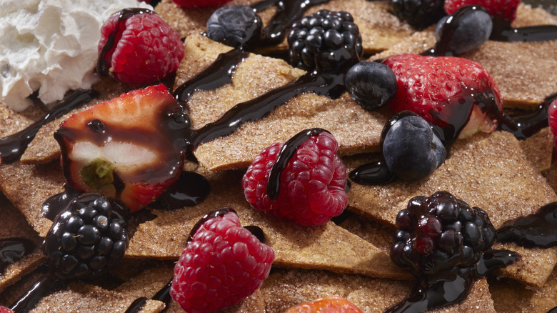 Cinnamon sugar tortillas with fruit, chocolate, and whipped cream