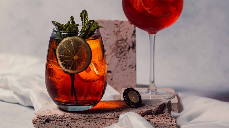 Red spritz cocktails displayed on a table