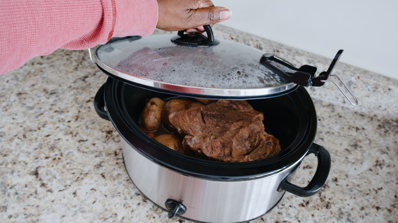 Hand opening slow cooker lid