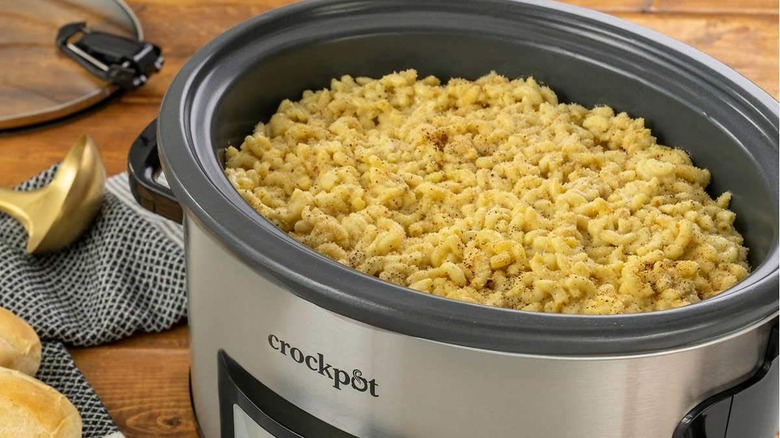 Open Crock-Pot filled with mac and cheese