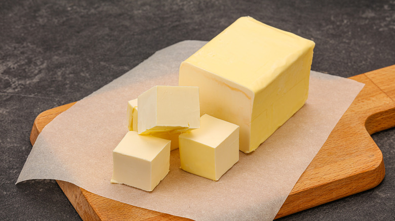 Block and cubes of fresh butter