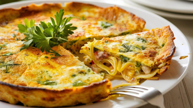 frittata on a plate with a fork
