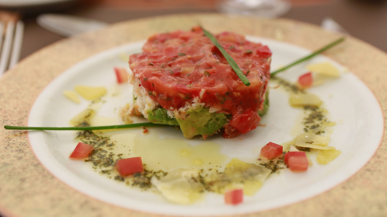 fancy tuna tartare with chive garnish