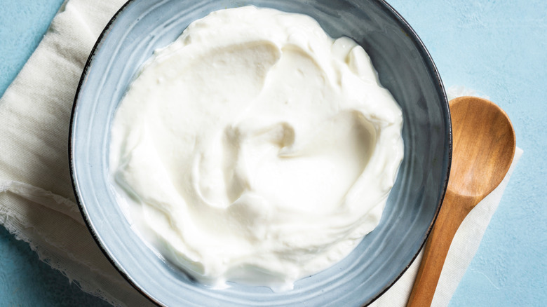 Yogurt in a blue bowl