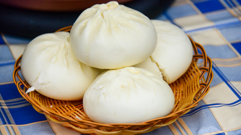 displayed stacked bao buns