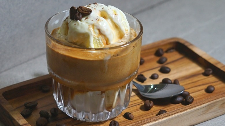 Bourbon iced coffee with vanilla ice cream scoop on top