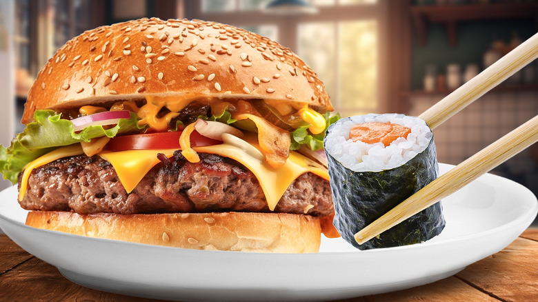 Burger and fries on a restaurant counter.