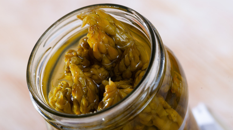 A jar of pickled asparagus
