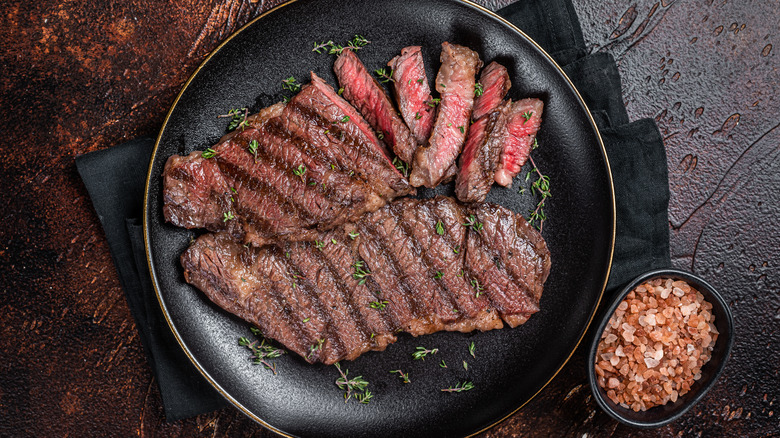 Steak cooked to medium in a pan