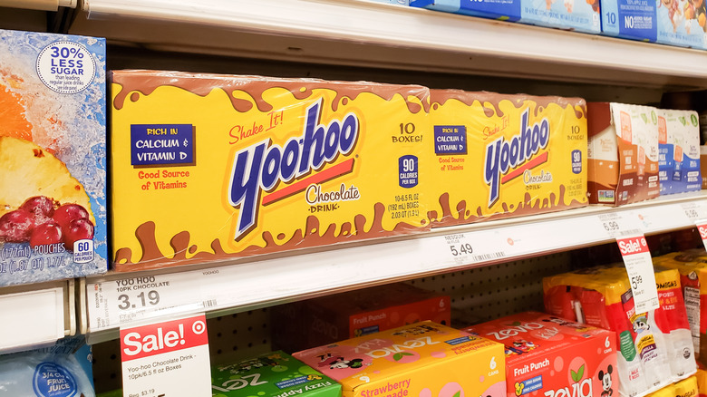 A box of yoo-hoo on a grocery store shelf