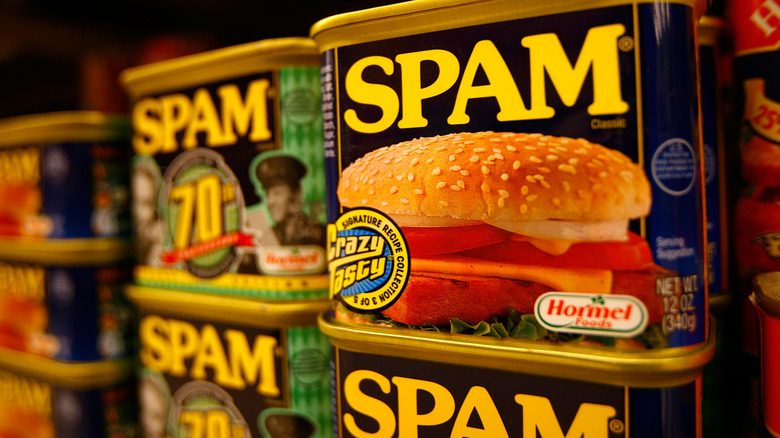 cans of spam on shelves