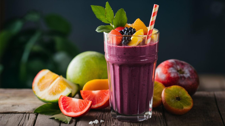 Purple fruit smoothie in glass surrounded by fruits