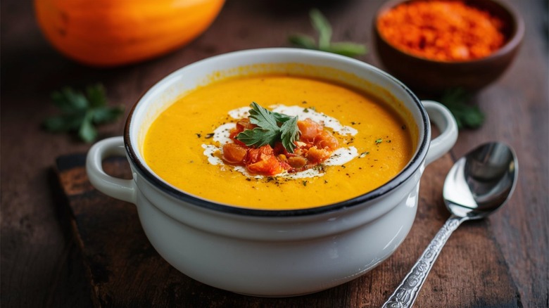 Butternut squash soup with garnishes