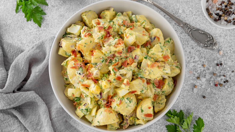 Potato salad on gray background