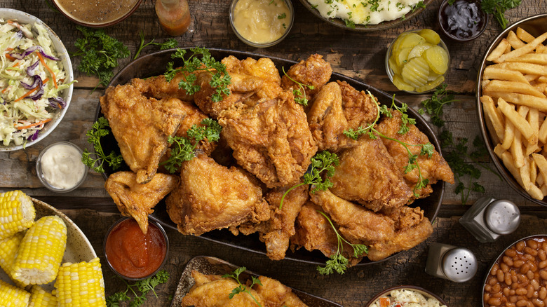 Fried chicken surrounded by sides and condiments