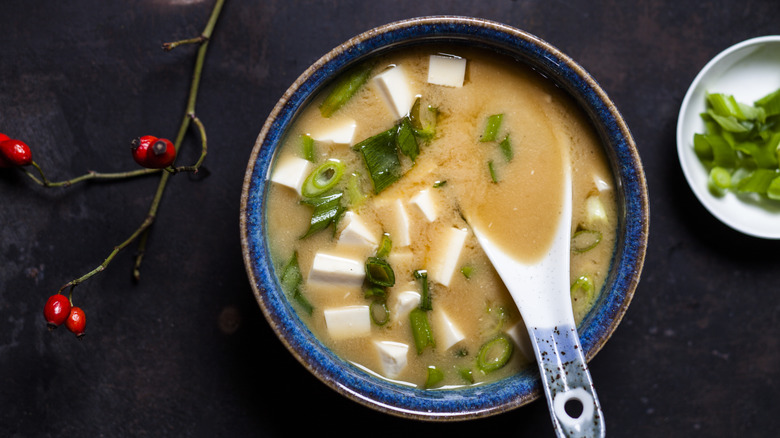 Bowl of miso soup seen from above.