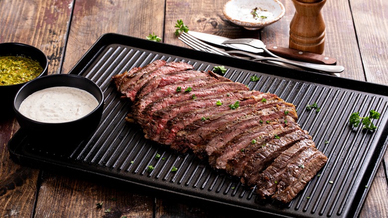 Grilled flank steak on grill pan