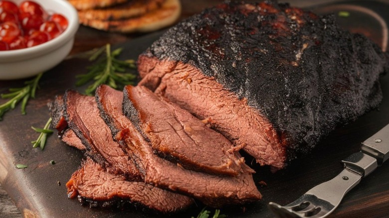 Barbecue beef brisket is sliced from a whole slab on a cutting board.