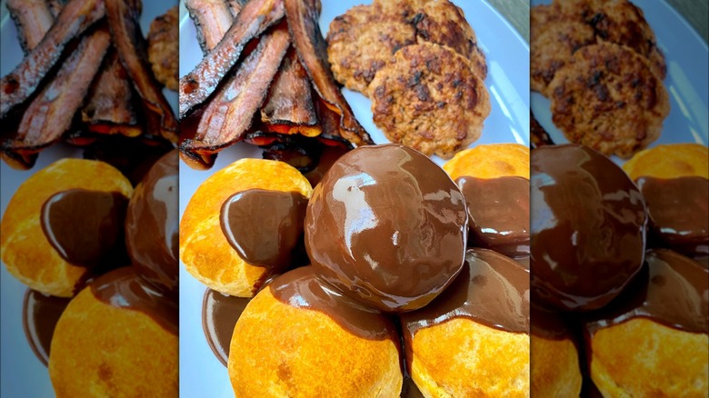 Breakfast with chocolate gravy on biscuits