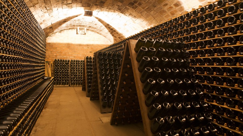 Wine and Champagne bottles in a cellar