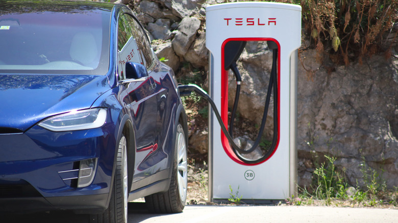Blue car plugged in at Tesla charging station