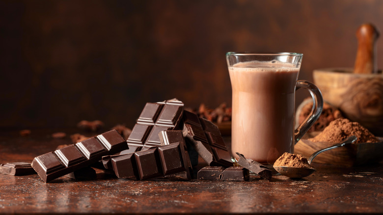 Chocolate, cocoa powder, and a glass of cocoa on marble counter