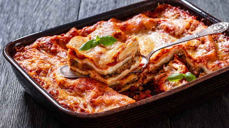 Lasagna in a dish on a table