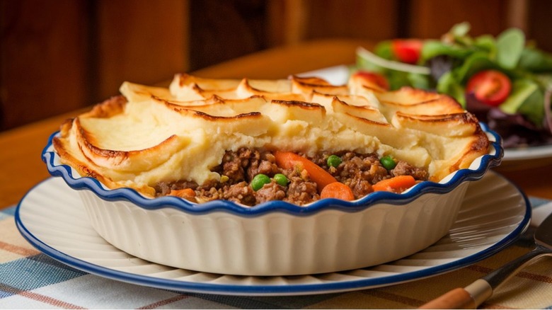 Plated shepherd's pie on a table