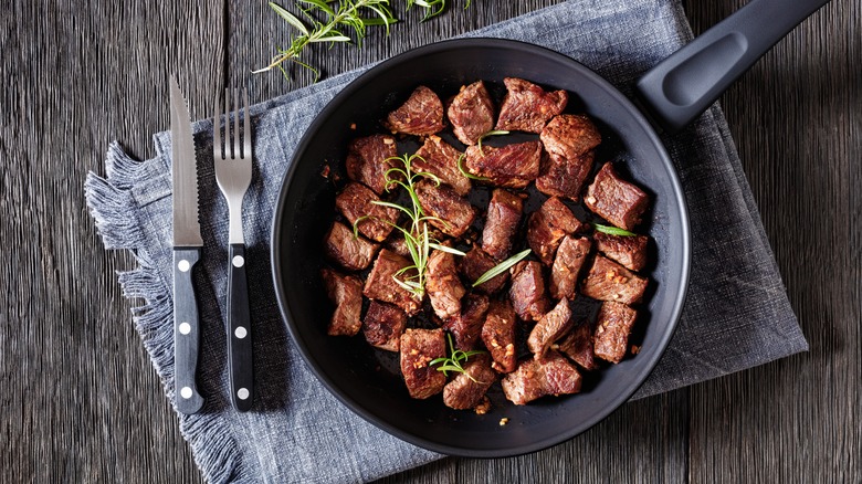 Steak bites in a non-stick pan