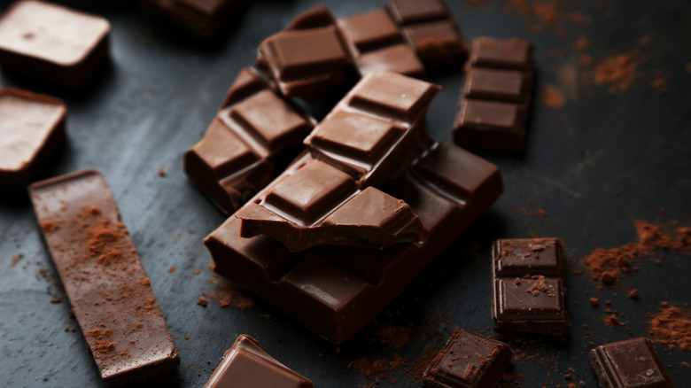 Broken chocolate bars and cocoa powder on dark surface