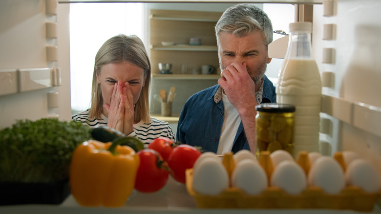 A man and woman holding their noses while they look in a fridge full of food.