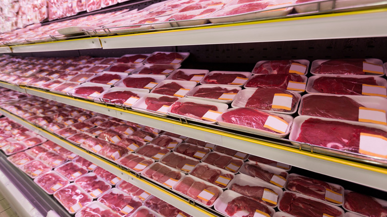 Meat on the shelves at a supermarket