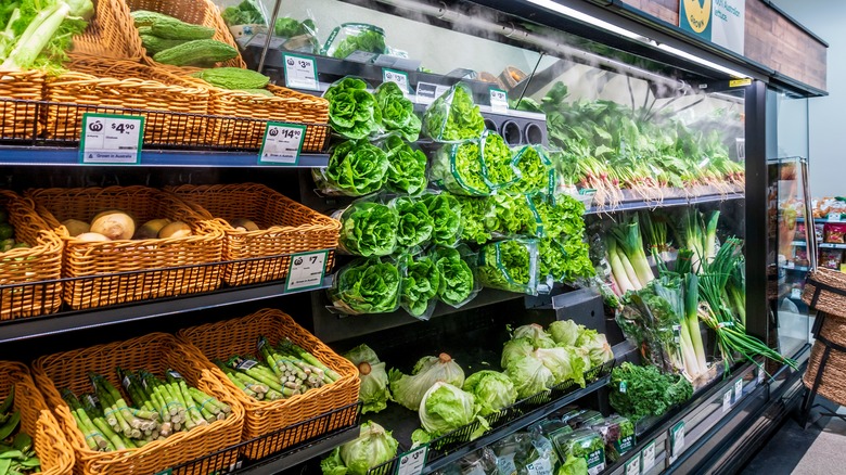 mist spraying on fresh produce at grocery store