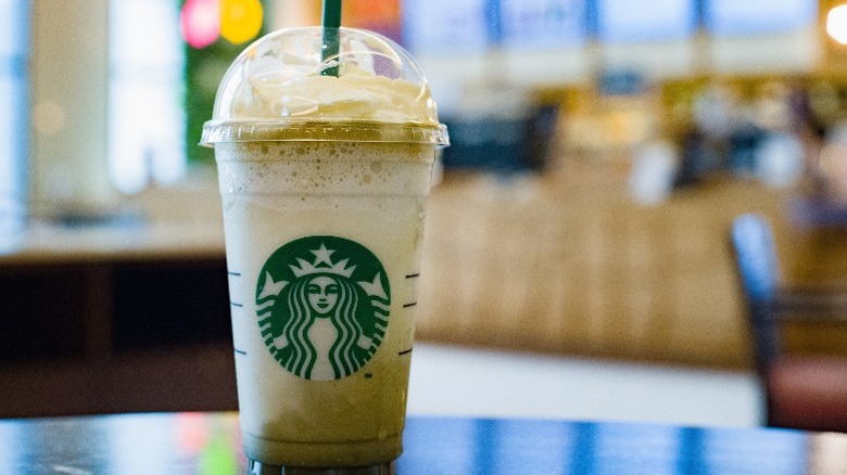 Starbucks matcha white chocolate Frappuccino on a table