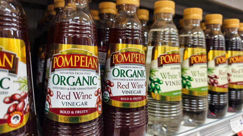 Bottles of red wine vinegar on a supermarket shelf