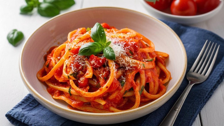 pomodoro pasta in a white bowl