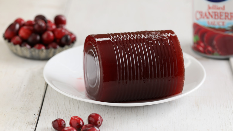 Whole canned cranberry sauce on a plate