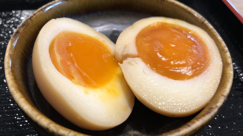 Close-up of shoyu tamago, ramen eggs