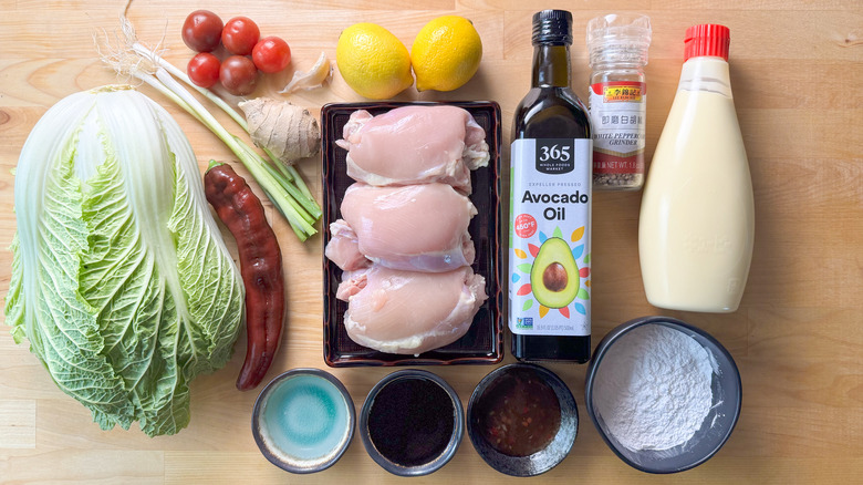 Japanese twice-fried chicken karaage ingredients on countertop