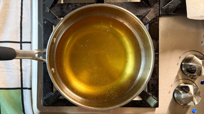 Hot oil in pot on stovetop